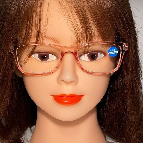 1439 Helen 2.5 Reading Glasses Thin Rectanle Bluelight Filter Pink Frames NWT - Picture 1 of 9